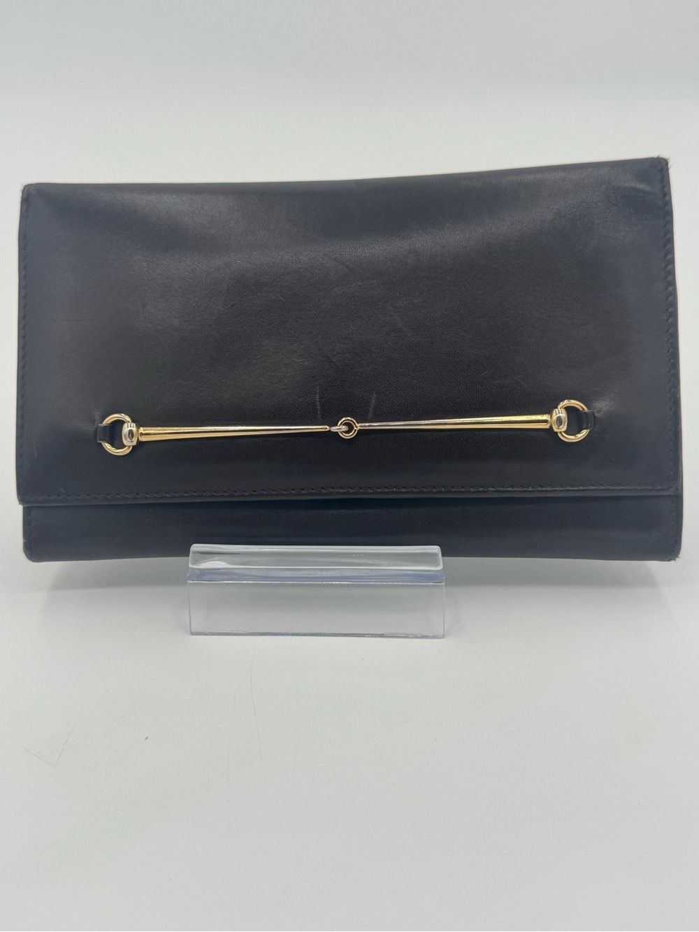 GUCCI Horsebit Long Wallet Clutch Tainted Indigo/Brown Leather Gold Hardware